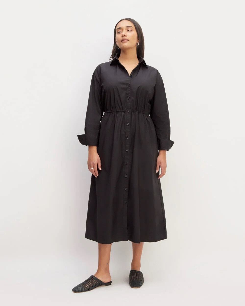 Everlane Black Supima Cotton Midi Shirt Dress Long Sleeve Size Small Minimalist